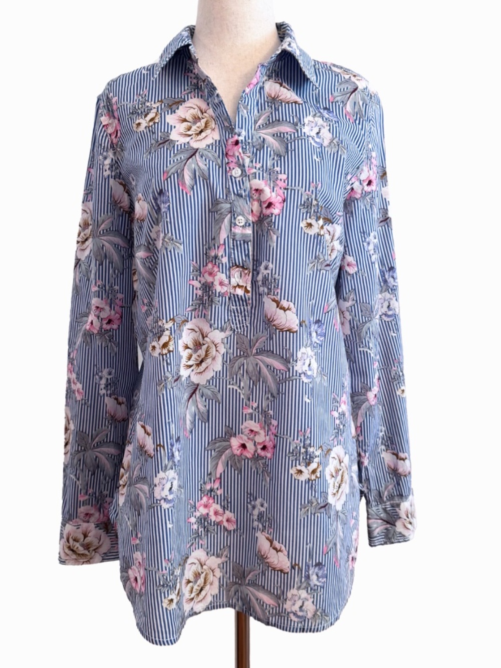 Talbots Blue Stripe Floral Button Down Blouse 100% Cotton Long Sleeve M